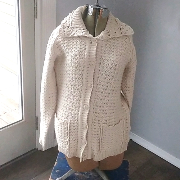 VTG Y2K NORM THOMPSON BOHO TAN CHUNKY KNIT CROCHET CARDIGAN WOMANS M - Picture 1 of 5